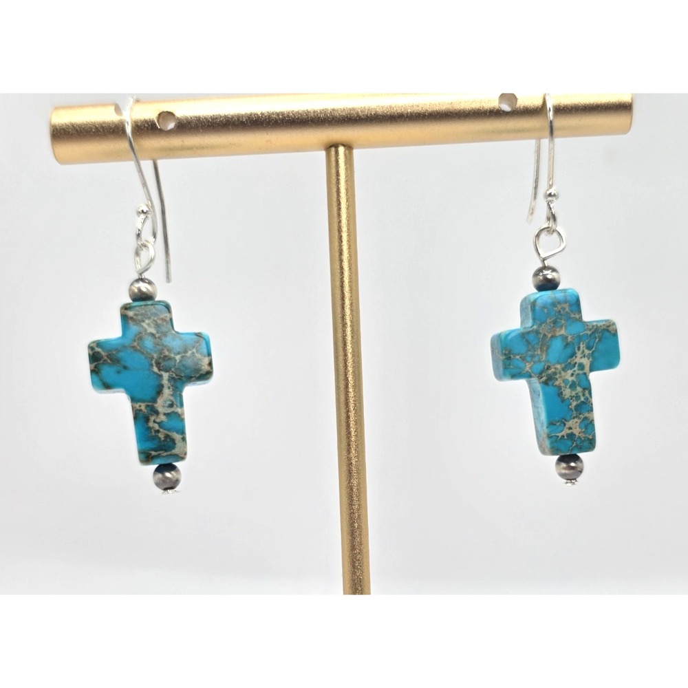 Turquoise Colored Magnesite Cross Earrings Dangles Sterling Silver 925 NWOT
